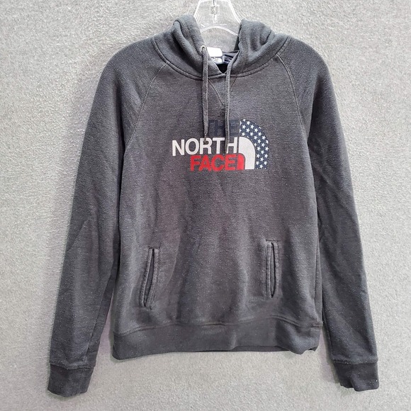 The North Face Women Hoodie Medium Gray Logo Graphic USA American Flag Pullover - Picture 1 of 9